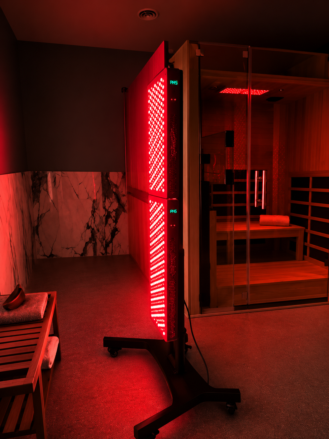 Full-body red light therapy panel at Float G.O.A.T.S.