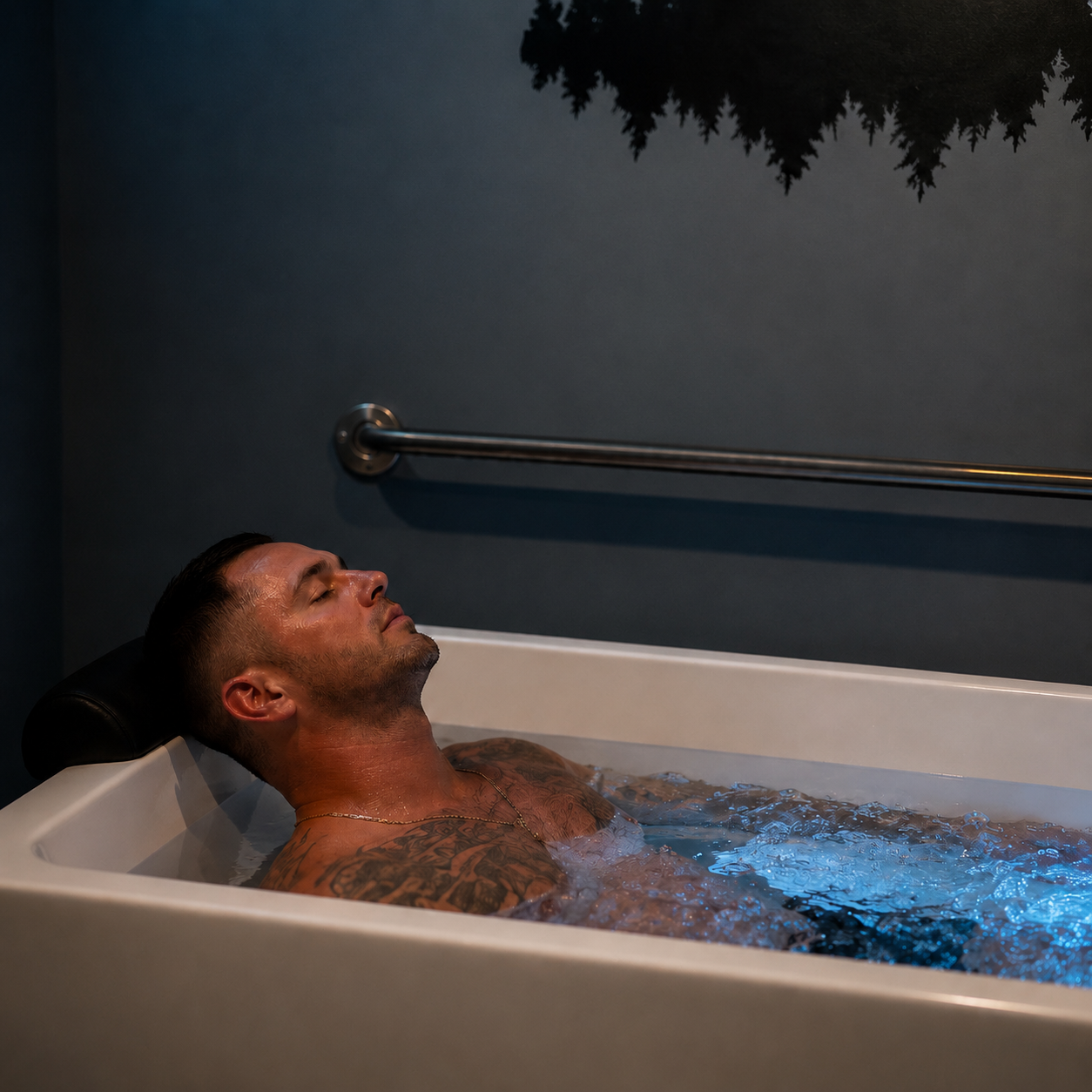 Commercial cold plunge tub inside a private recovery suite